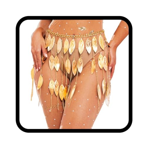 BODIY Women Gold Belly Dance Skirt Fringe Waist Chain Leaves Belly Chains Beach Bikini Waist Accessory