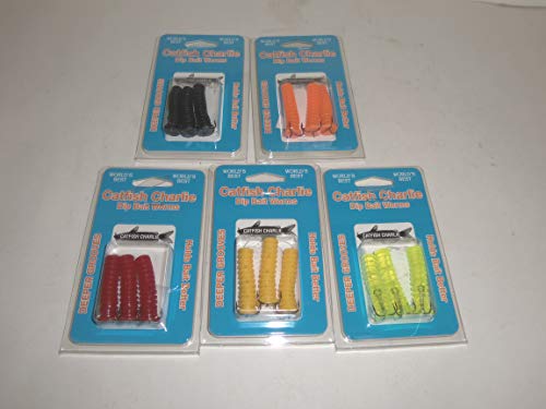 Catfish Charlie Dip Bait Worms, 5 Piece Variety (3 Packs), Red, Orange, Chartreuse, Yellow, Black