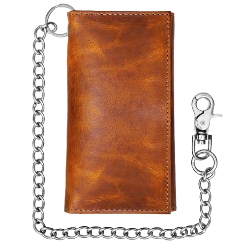 Biker Wallets for Men with Chain - Brown Leather Wallet w/ 12 Credit Card Slots, Money Sleeve, & Zippered Pocket – 100% Leather Slim Trifold Wallets for Men - Mens Chain Wallet for Unique Biker Gifts