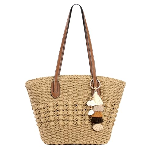 RUNROLE Straw Purse with Tassel Hat Clip, Beach Bag for Women, Handmade Large Woven Purse, Summer Raffia Tote Shoulder Bag