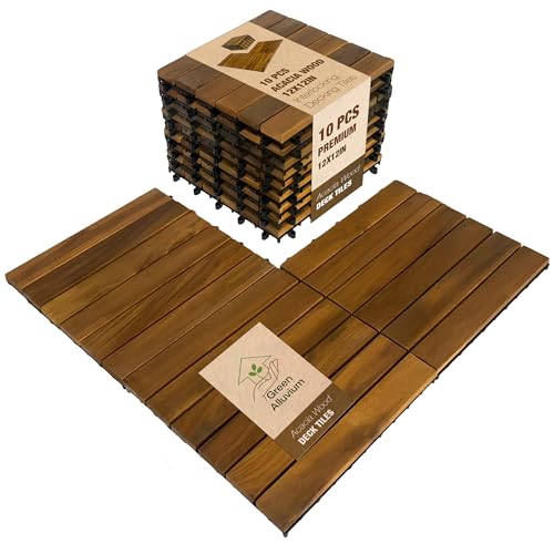 10 pcs Premium Acacia Wood Interlocking Decking Tiles – Weatherproof Patio Flooring Outdoor – Interlocking Deck Tiles for Balcony, Backyard, Garden & Poolside, All-Weather Use (Golden Teak Finish)