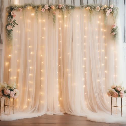 10×10ft Champagne Tulle Backdrop Curtain with Lights String for Parites, Sheer Curtain Backdrop Drapes for Wedding Party Home Decorations …