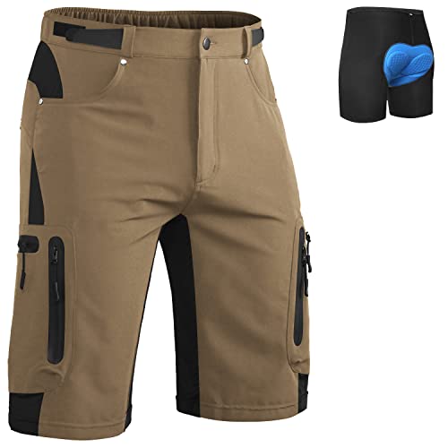Ally Mens Mountain Bike Shorts 4D Padded Baggy Bicycle Cycling Biking Bike Shorts Lightweight Loose-fit(Khaki,Large)