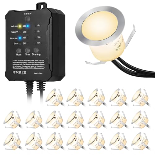 Dimmable Recessed Deck Stair Lighting All-in-one with Photocell Sensor Transformer Low Voltage LED Step Riser Lights IP67 Waterproof φ1.26" 12V Warm White Deck Patio Lighting Kit Decorations, 20 Pack