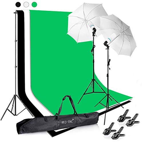 HYJ-INC Photography Photo Video Studio Background Stand Support Kit with 3 Muslin Backdrop Kits (White/Black/Chromakey Green Screen Kit),1050W 5500K Daylight Umbrella Lighting Kit with Carry Bag