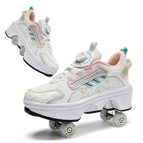 2 in 1 Roller Skate Shoes for Kids, Multifunctional 4 Wheels Rollerskate Shoes, Double-Row Deform Wheel Automatic Walking Shoes, Outdoor Sports Rolling Shoe with Invisible Wheels for Adult or Children