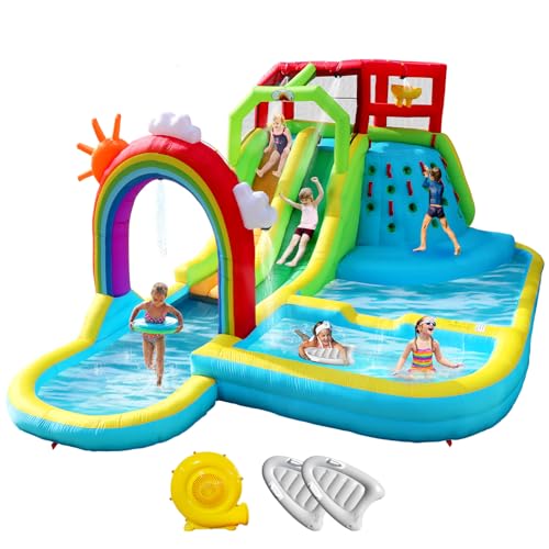 WELLFUNTIME Inflatable Water Double Slides Park with Blower, Bouncy Castle with Rainbow Water Curtain, with Shooting and Rock Climbing