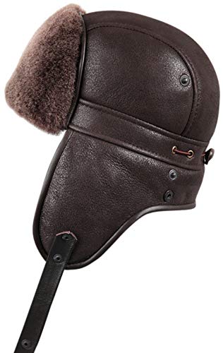 Zavelio Unisex Shearling Sheepskin Aviator Russian Ushanka with Snap Hat Medium Brown