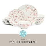 Martha Stewart Empress Bouquet 12 Piece Decorated Porcelain Dinnerware Plates and Bowls Set - Pink Floral, Service for 4 (12pcs)