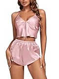 OPOIPIN Women's 3 Piece Pajamas Satin Cami Top and Shorts with Robe Sleepwear Pj Set Pink Small