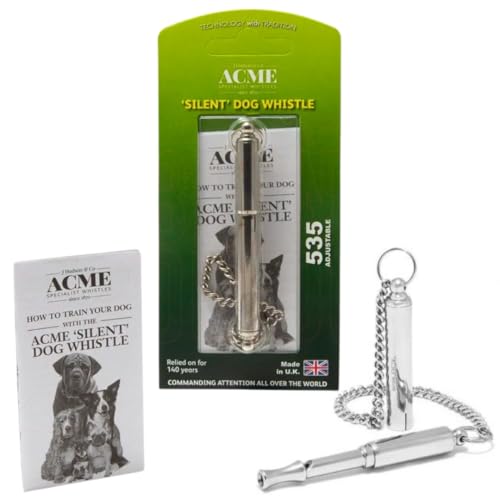 ACME original 'silent' dog training whistle no. 535. Adjustable frequency. Instruction leaflet included. Made in the UK. Good sound quality. Weather-proof. Solid brass with nickel plated finish