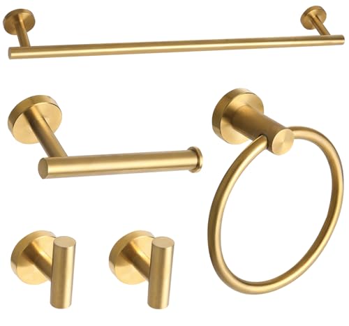 Ntipox Brushed Gold Bathroom Hardware Accessories Set 5 Piece, Stainless Steel Bath Towel Bar Set 24 Inch,Toilet Paper Holder,Towel Ring Holder,Towel Rack Set,Gold Bathroom Accessories Kit