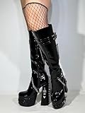 Frankie Hsu Goth Sexy Chunky Platform Knee High Heeled Boots, Black Patent Silver Chain Rivets Gothic, Punk Y2K Hot Girl Big Large Size Wide Calf Long Shoes For Women Men