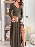 ANRABESS Women Deep V Neck Long Sleeve Slit 2024 Fall Elegant Formal Wedding Guest Cocktail Evening Date Prom Maxi Long Dress Khaki Large