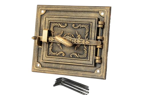 Cast Iron Oven Door with Door Hinge - Cast Iron Door for Wood Burner, Fireplace, Bread Oven, Grill - 327 x 300 mm - Rectangular Cast Iron Oven Door (Antique Gold)