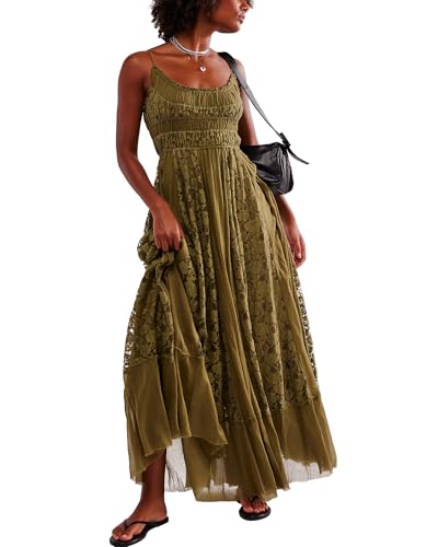 Gacaky Summer Dress for Women Casual Lace Floral Embroidered Bohemian Maxi Dress Flowy A Line Beach Long Dresses Green Medium