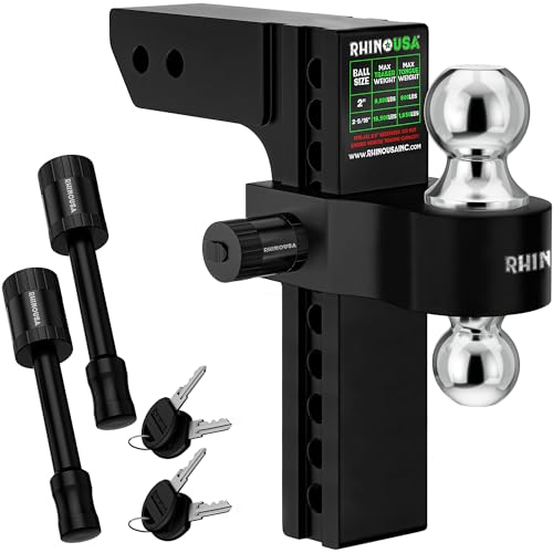 Rhino USA Adjustable Trailer Hitch (Fits 2.5-Inch Receiver)-Heavy Duty Aluminum Tow Hitches with 10-Inch Drop/Rise for Truck (18,500 LBS GTW)- Weatherproof Double Anti-Theft Locking Hitch Pins (Black)