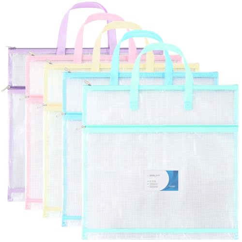 Clysee 5 Pcs Sew Project Bags 16 x 16 Inch Quilting Craft Organizer Storage Bags with Handle and Pocket Jumbo Sew Quilting Mesh Bags for Quilters Knitting Stitching Crafter, 5 Colors(Macaron)