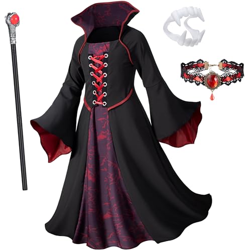 Royal Vampire Costume for Girls Halloween Dress Up with Vampires Props (Fangs, Wand, Choker) 8-9 Years
