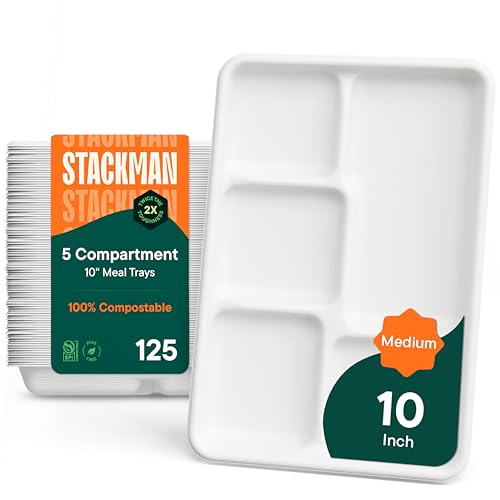 100% Compostable, 5 Compartment, Disposable Paper Plates [125-Pack] - {PFAS Free} - {BPA Certified} - [10 Inch] Heavy Duty Biodegradable Bagasse Sectional Lunch Trays + Dividers - Divided Platter Tray