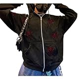 Kaipiclos Skeleton Hoodie Men Women Full Zip Up Hoodie Over Face Oversized Graphic Rhinestone Skull Streetwear Jacket (Black Red Spider, L)