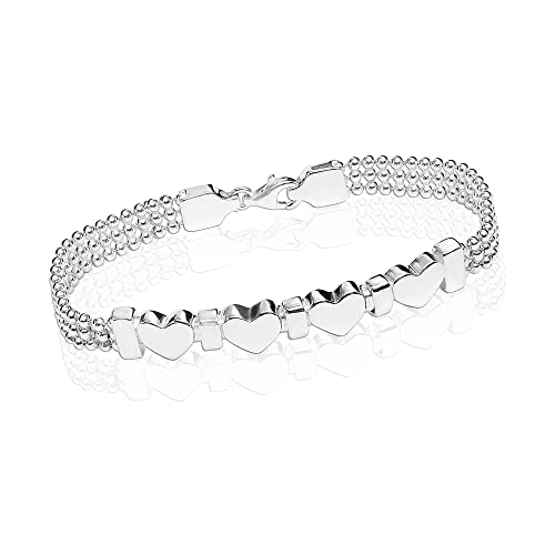 LeCalla 925 Italian Sterling Silver Heart Beaded Bracelet | Silver Ball Chain Love Heart Bracelet for Women - 7 Inches