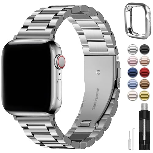 Fullmosa Compatible Apple Watch Bands 45mm 44mm 42mm 46mm 49mm 41mm 40mm 38mm, Metal iWatch Band with Case for Apple Watch Series 9 8 7 6 5 4 3 2 1 SE 10 Ultra, 42mm 44mm 45mm Silver