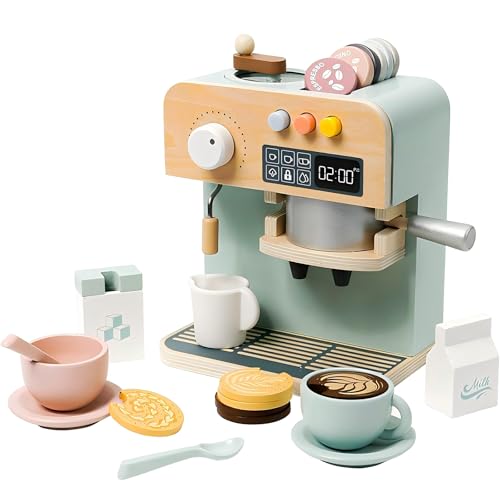 JugueteLand Kids Coffee Maker Playset, 23PCS Wooden Kitchen Toys, Play Kitchen Accessories for Toddler, Espresso Machine Playset Montessori Kitchen Toy, Gift for Boys and Girls 3 4 5 Years