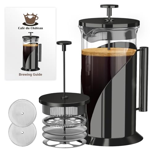 Cafe Du Chateau Stainless Steel French Press Coffee Maker - 34oz Insulated Coffee Press with 4-Level Filtration, BPA Free, Durable Glass, Great for Tea