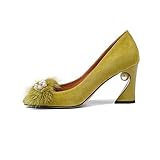 Fashion Heel Suede Leather Women's Square Toe Chunky Heels Vintage Floral Handmade Dress Pump Shoes with Fur Pearl (Yellow, US9)