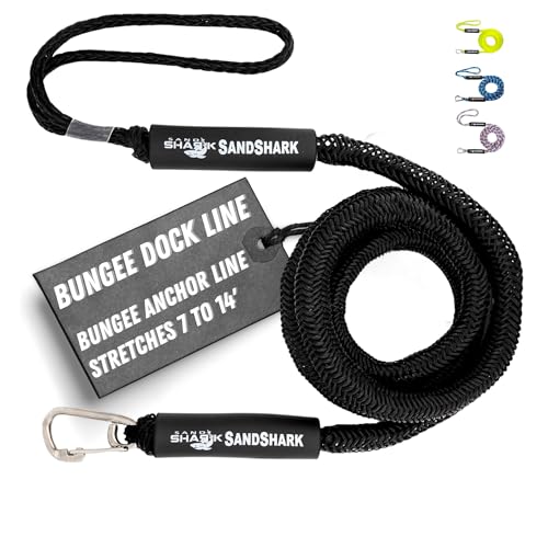SandShark Premium Anchor Bungee Dock Line. Boat Accessories Anchor Line Absorbs Shock to Anchors and Docks w/Stainless Steel Clip - Black - 7-14ft