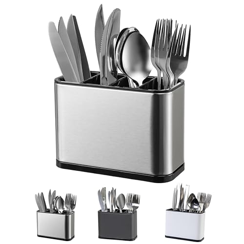 LIBODOUR Silverware Organizer,Kitchen Utensil Holder For Counter,Stainless Steel Caddy,4 Compartments Organizer,Capacity Flatware Spoon Fork Tool Cutlery Holder（Silvery）
