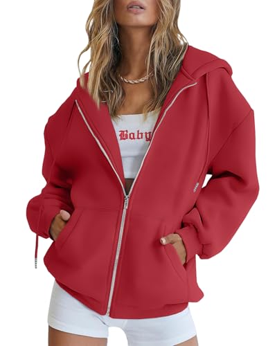 Trendy Queen Womens Zip Up Hoodies Oversized Sweatshirts Fall Fashion Outfits Casual Jackets 2025 Winter Clothes Red M