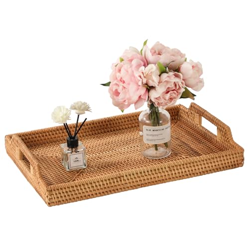 17'' Rattan Serving Tray Rectangle with Handles, Vintage Wicker Table Tray for Decor, Boho Hand Woven Seagrass Coffee Table Basket Tray for Ottoman, Breakfast, Bathroom, Outdoor