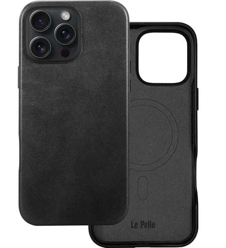 Le Pelle - Handcrafted Premium Italian Leather Case for iPhone 16 Pro - Compatible with Magsafe - Two-Tone Effect with Unique Patina Over Time - Graphite Black