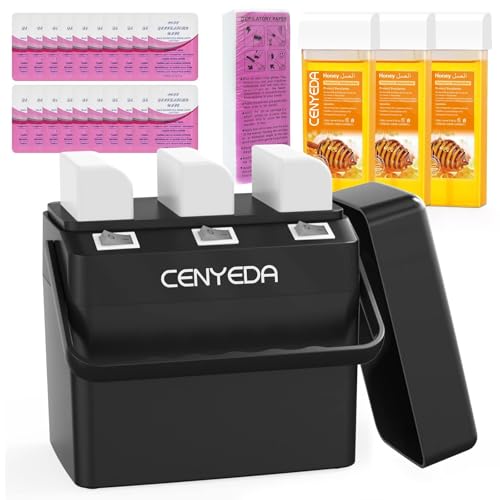 3 IN 1 Roll On Waxing Kit, CENYEDA Hair Removal Triple Roll-On Wax Warmer with 3 Honey Wax Cartridge Depilatory Wax Roller Refill for Legs Arms and Underarm, Upgrade Heating System-Just 13 Mins