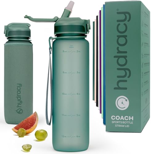 Hydracy Water Bottle with Time Marker & Straw - Large 32 Oz BPA Free Motivational Bottle with Times to Drink - No Sweat Sleeve - Leak Proof Lid - Ideal for Fitness, Sports & Outdoors