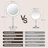 10x Large Lighted Makeup Mirror, Rechargeable 8" Height Adjustable Vanity Mirror, 1x/10x Magnifying Mirror with 3 Color, Brightness Adjustable, 360° Rotation Double Sided Mirror, Gift for Women