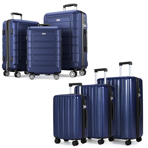 SHOWKOO Luggage Sets 100% PC & PC+ABS Expandable Suitcase Sets Double Spinner Wheels TSA Lock 3pcs+3pcs Blue