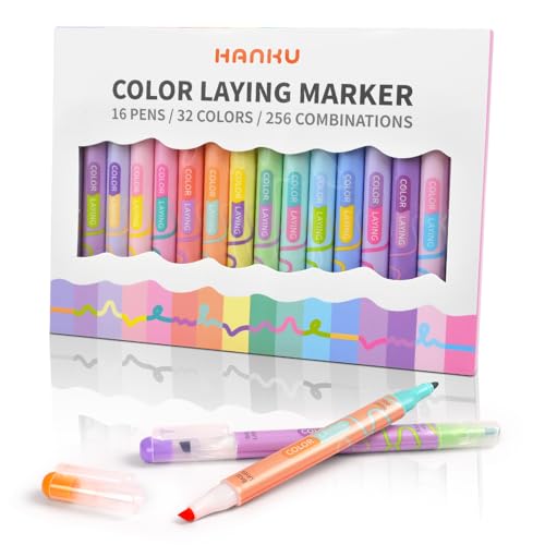 HANKU Color Layering Double Sided Markers,16pcs 32Colors Dual Tip Magic Markers,Broad and Fine Tips,Color Changing washable markers,Dry-Quickly Non-Toxic Pens for Bullet Journal,Coloring books