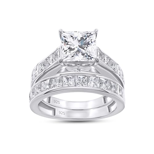 Wishrocks 4 Carat Bridal Set Ring 7MM Center Princess Cut Lab Created Moissanite Bridal Engagement Wedding Ring For Womens In 14k White Gold Plated Sterling Silver (Clarity-VVS1) Size-7