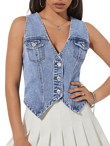 GORGLITTER Women's Denim Vest Sleeveless Jean Vest Crop Denim Tank Top Flap Pocket Button Front Y2K Vest 2025 Medium Wash Blue M