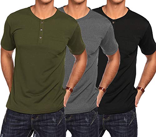 COOFANDY Men's 3 Pack Henley Shirts Short Sleeve Casual Basic Cotton Tee Summer Solid T-Shirts Placket Shirt Button Henley with Pocket