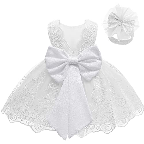 LZH Baby Girls Lace Embroidery Dress Bowknot Party Dress Bridesmaid Wedding Gown with Headwear A-White