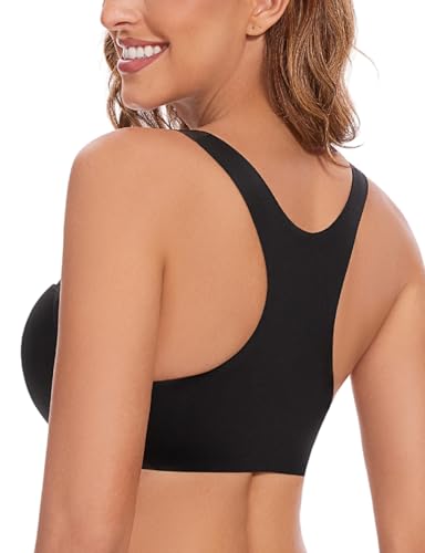 Amafuur Women's Push Up Racerback Front Closure Bras Seamless Plunge Padded Underwire Add 2 Cup Sizes Bra Black 36C