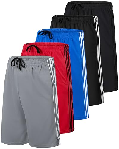 Real Essentials Boys Workout Quick Dry Shorts Youth Clothes Mesh Active Athletic Basketball Soccer Kids Pockets Running Teen Dry-Fit L (12-14) 5-Pack