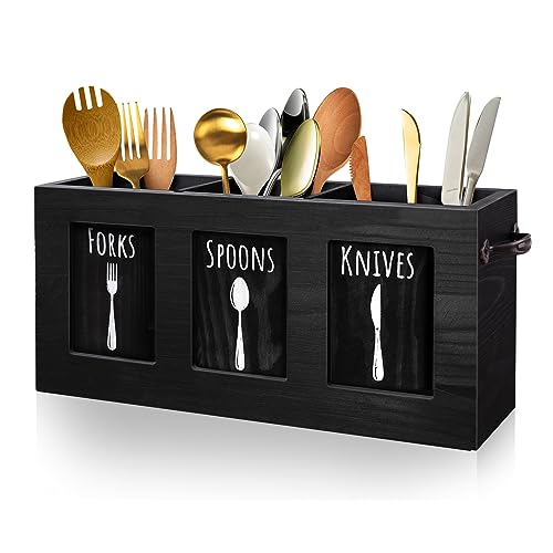 MINCORD Wood Flatware Organizer, Rustic Utensil & Silverware Holder for Forks, Spoons, Knives, Farmhouse Kitchen Cutlery Caddy Bin Countertop - Black