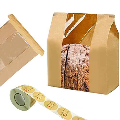 NOONEAST 100 Pack Large Kraft Paper Bread Bags for Homemade Bread Sourdough Bags 14" x 8.3" x 3.5" with Tin Tie Tab Lock Clear Front Window Bakery Bag Packaging Cookie Bag with Label Seal Stickers