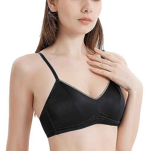 LingDooo Women 100% Mulberry Silk Bra Ultra Thin Soft Underwear Wireless Bra Breathable Smooth (Black#A, L(Fit:34C/36A/36B)