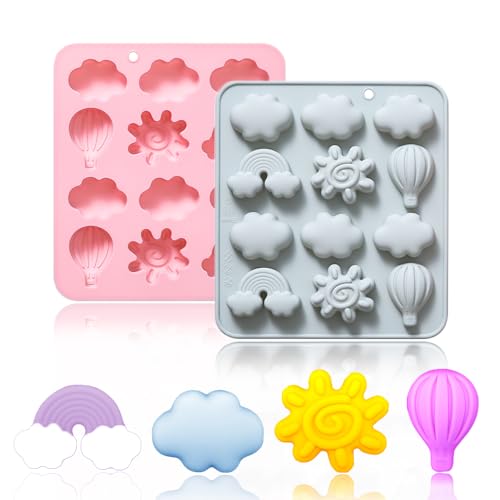 OURASHERO 2 Pack Silicone Chocolate Molds 12 Cavities Sun Cloud Rainbow Hot Air Balloon Shaped Making Mold Perfect for Gummy Ice Cube Crayon Pastry Baking for Cookie Chocolate Cake Cupcake Décor